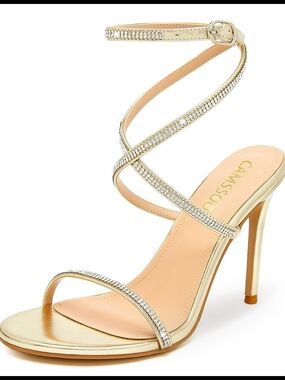 Gold Rhinestone Strappy Heels 8.5 | Crystal Ankle Wrap Stiletto Sandals Designer